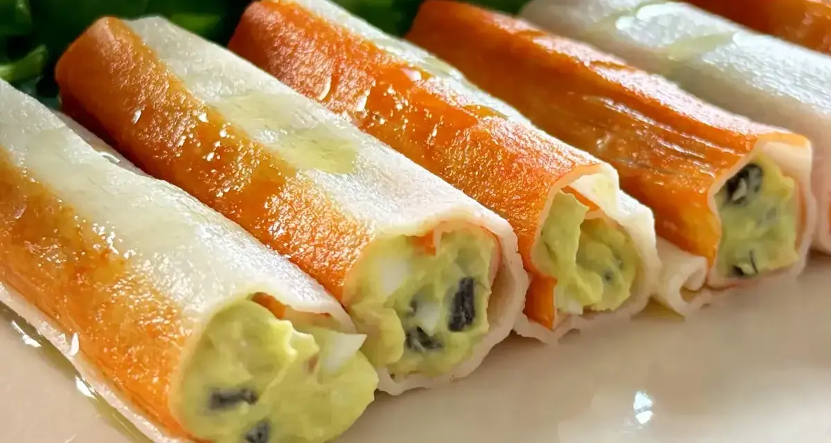 Canelones de verano rellenos de aguacate y huevo, listos para disfrutar en un día soleado.