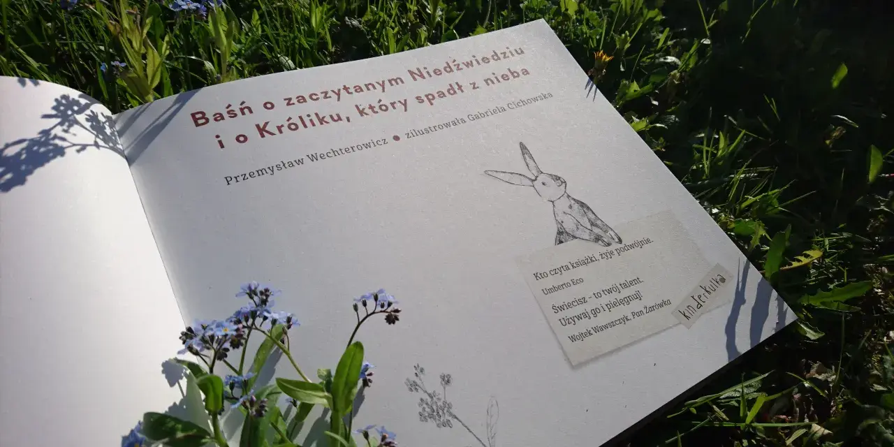 Otwarta książka z tytułem "Baśń o zaczytanym Niedźwiedziu i o Króliku, który spadł z nieba" leży na trawie wśród niezapominajek.