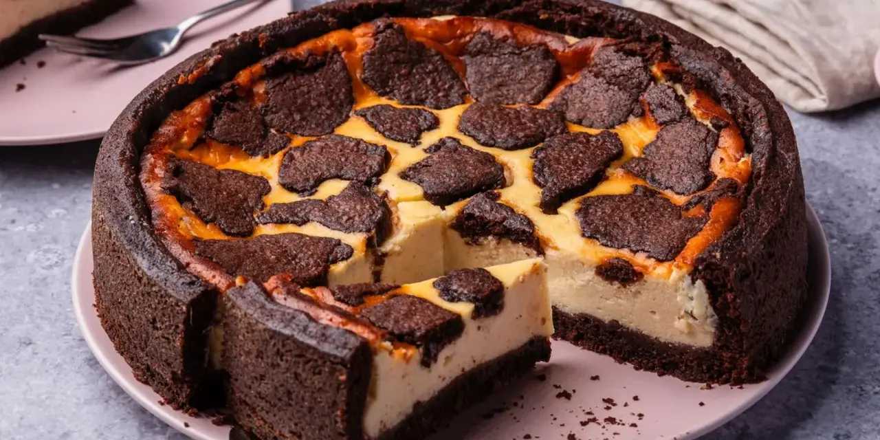 Ein saftiger russischer Zupfkuchen mit dunklem Schokoladenboden und cremiger Füllung, belegt mit zupfartigen Schokoladenstückchen.