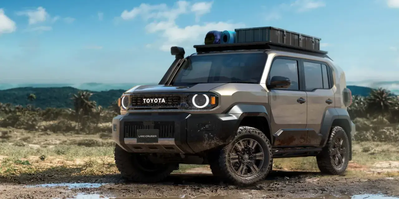 Nowy Toyota Land Cruiser 100 gotowy na przygodę, z bagażnikiem dachowym i terenowymi oponami, w błotnistym krajobrazie.