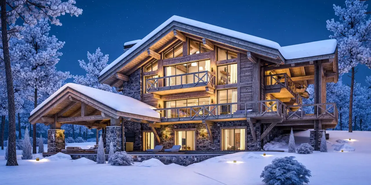 Casa de montaña nevada con luces cálidas, ideal para aerotermia en zonas frías.
