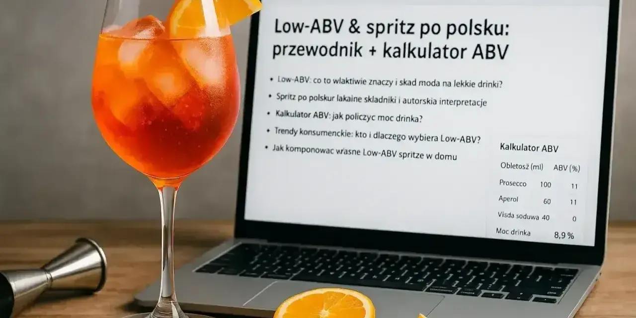 Aperol spritz z pomarańczą i laptopem prezentującym kalkulator ABV. Dowiedz się, jaki rum ile procent ma w drinku.