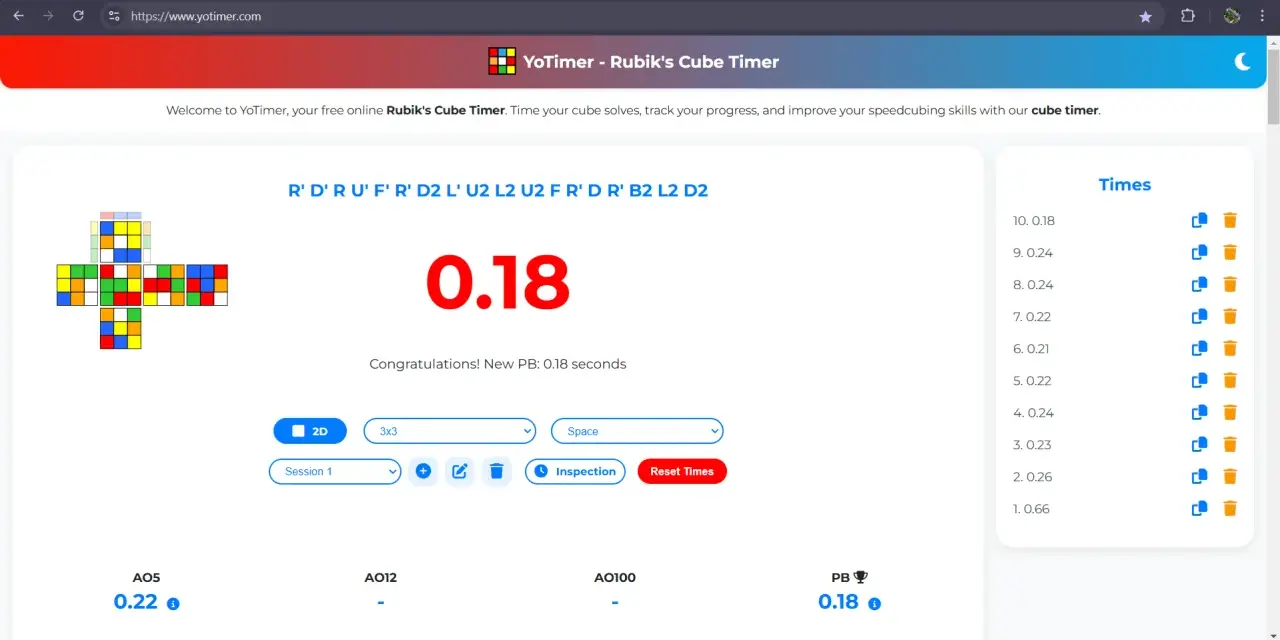 En speed cube timer visar en tid på 0.18 sekunder, vilket är ett nytt personbästa. Kubens lösningssteg visas ovanför.