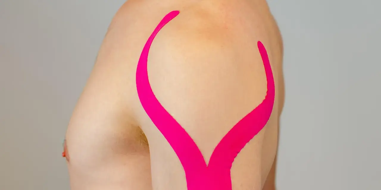 Schulter tapen: Ein Mann mit pinkem Kinesio-Tape auf der Schulter, das wie ein V geformt ist, zur Unterstützung.