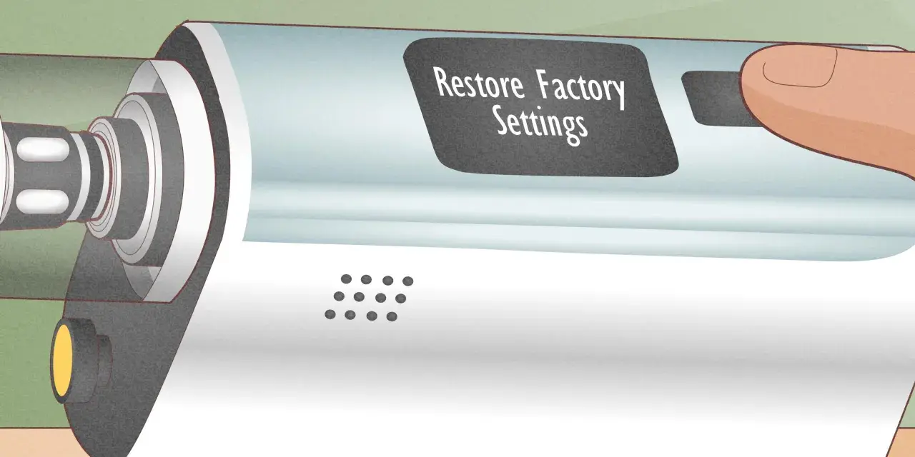 Mano ajustando un vapeador sin atomizador. La pantalla muestra "Restaurar configuración de fábrica".
