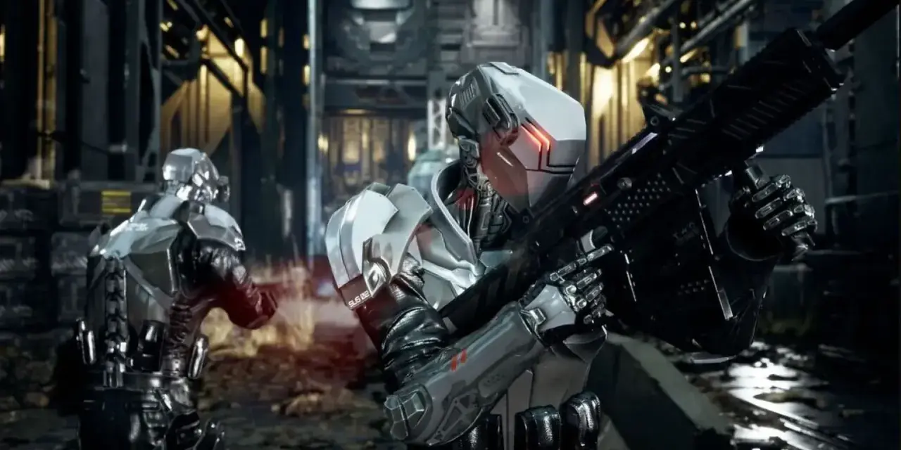 Soldados cibernéticos en Neo Berlin 2087, uno con rifle futurista, listos para la acción en un entorno urbano sombrío.