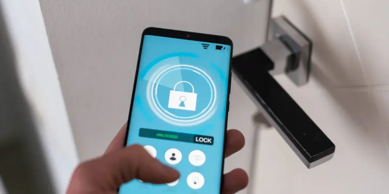 Smartfon z aplikacją hotelową pokazuje, jak się zameldować w hotelu, odblokowując drzwi.