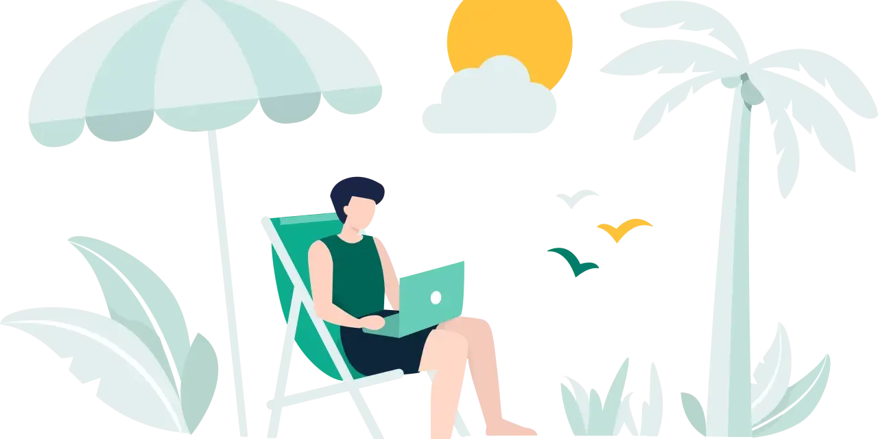 Mężczyzna pracuje na laptopie pod parasolem plażowym, marząc o wakacjach ZUS 2025. Palmy i słońce dopełniają tropikalny klimat.
