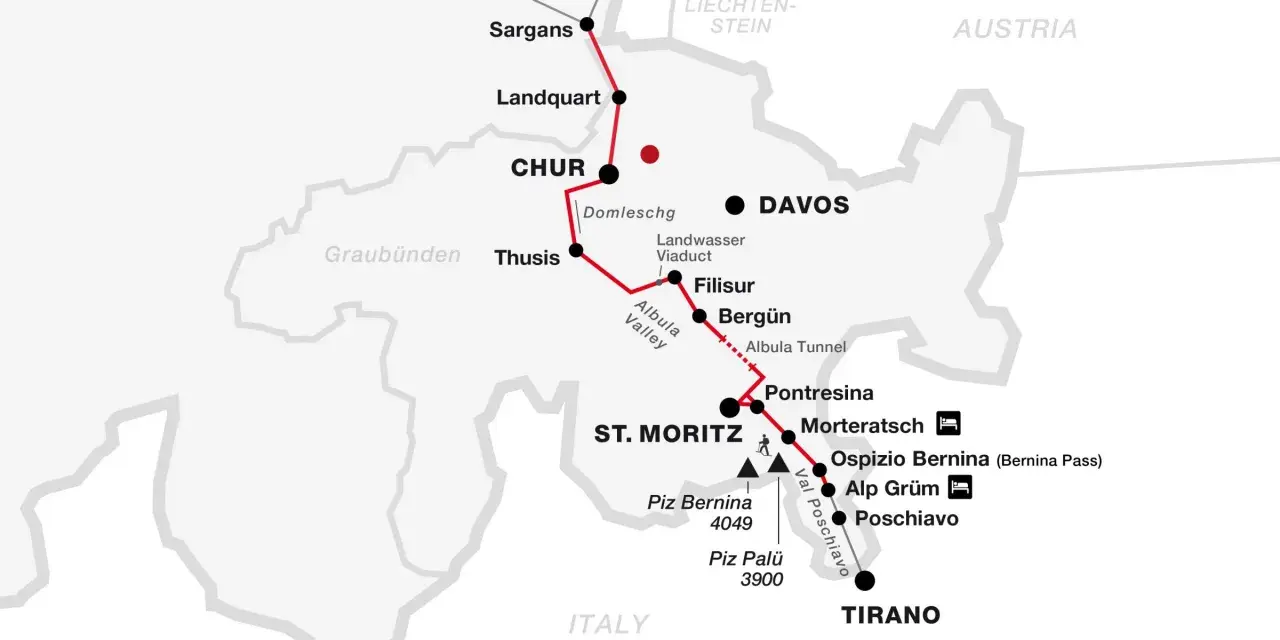 Mapa tras **kolei retyckich** z zaznaczonymi miastami: Chur, Davos, St. Moritz, Tirano. Widoczne Albulatunnel i przełęcz Bernina.