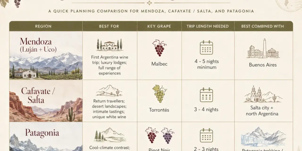 Mendoza, Argentina: ideal for first wine trips, luxury lodges, and Malbec. Plan 4-5 nights. Combine with Buenos Aires.