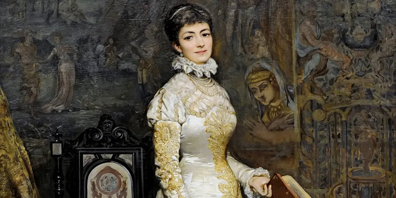 Portret Heleny Modrzejewskiej, symbolizujący jej bogatą biografia. Aktorka w bogatej sukni trzyma książkę, w tle malowidła.