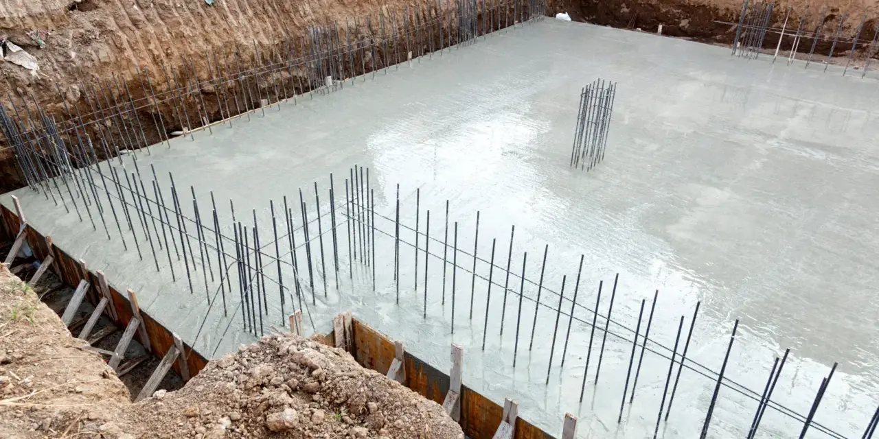 Świeżo wylany beton na budowie, zbrojenie fundamentów gotowe do dalszych prac. Ocieplenie fundamentów będzie kolejnym etapem.