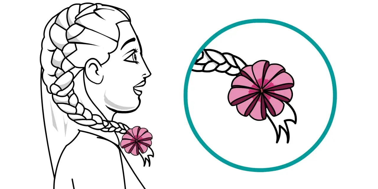 Dessin d'une femme avec une tresse ornée d'une fleur rose. Gros plan sur la tresse et la fleur dans un cercle.