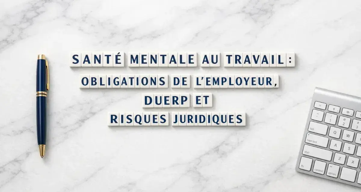 Santé mentale au travail : obligations de l'employeur, DUERP et risques juridiques. Stylo et clavier sur fond marbre.
