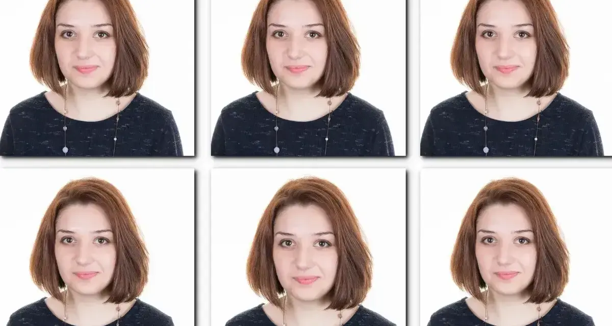 Sześć identycznych zdjęć młodej kobiety z rudymi włosami. Dowiedz się, jak zrobić zdjęcie do dowodu telefonem, by uzyskać taki efekt.