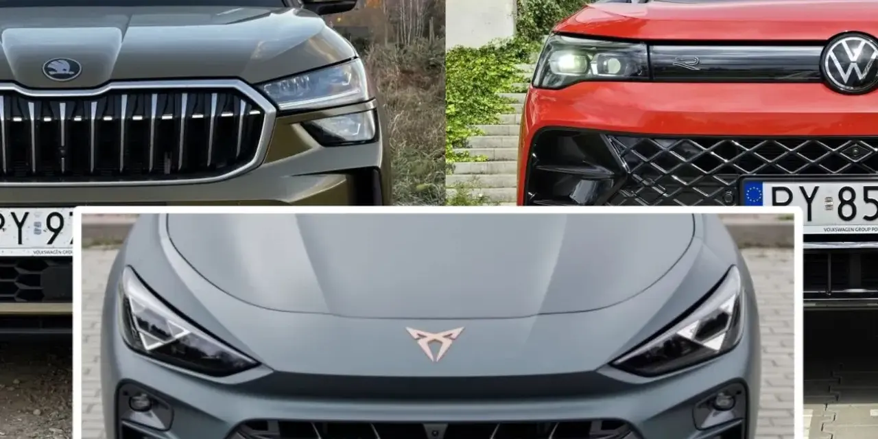 Trzy auta z grupy VAG: Skoda, Volkswagen i Cupra. Każde z nich prezentuje swój unikalny styl i detale.