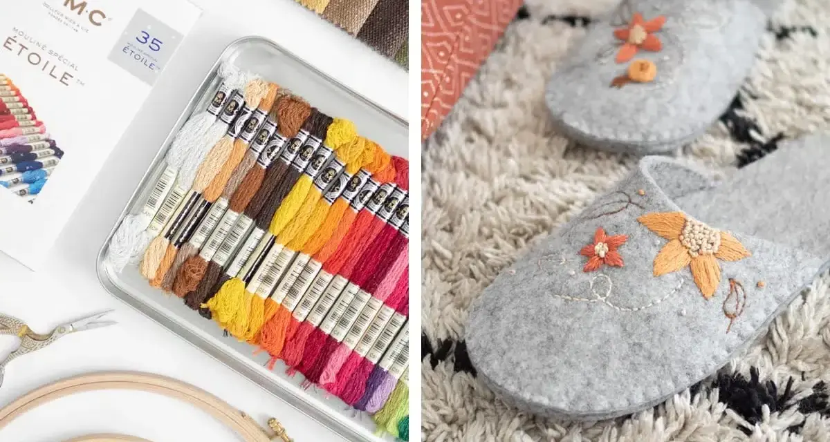 Fili colorati per ricamo a mano e pantofole grigie decorate con fiori ricamati.