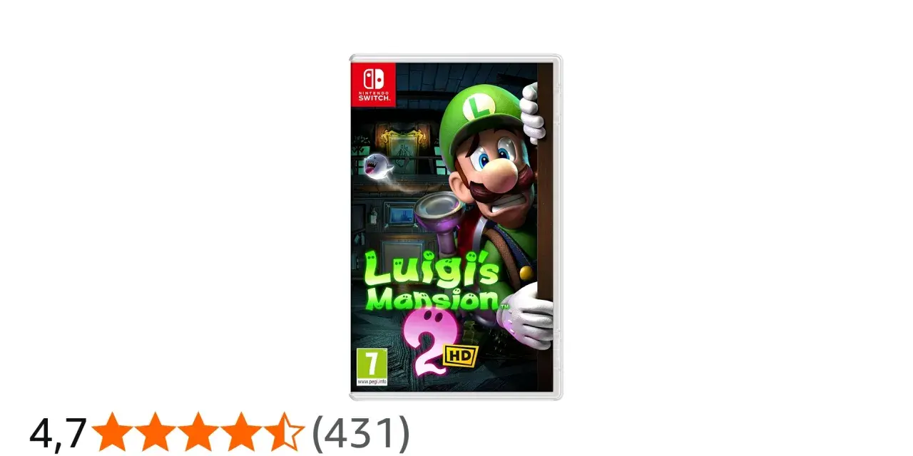 Luigi's Mansion 2 HD para Nintendo Switch. Luigi, asustado, se asoma tras una puerta, con un fantasma cerca.