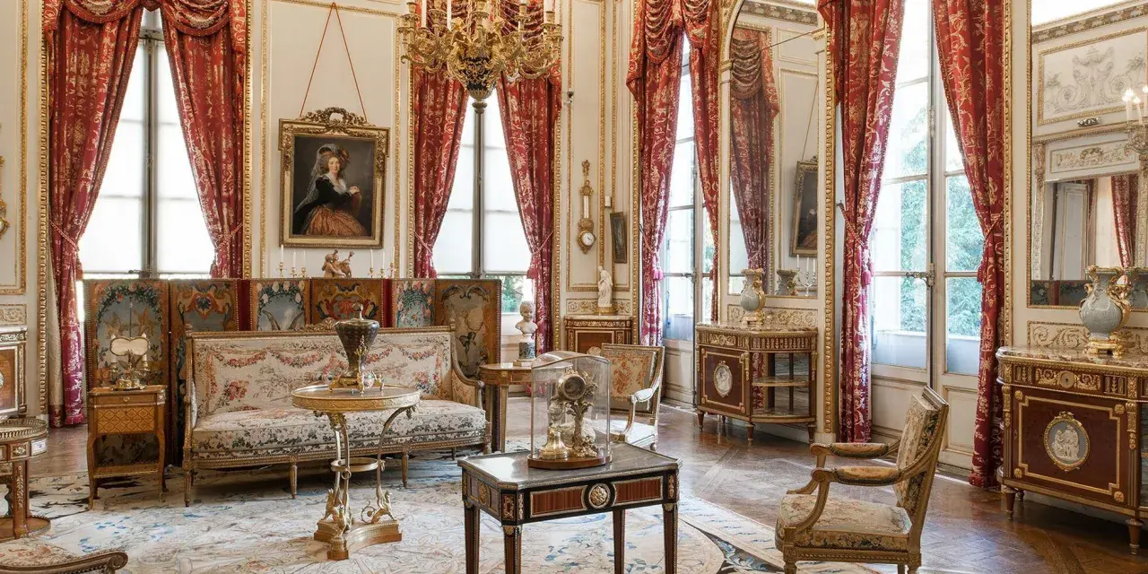 Salón del museo Nissim de Camondo, con tapices, muebles Luis XVI y un retrato.