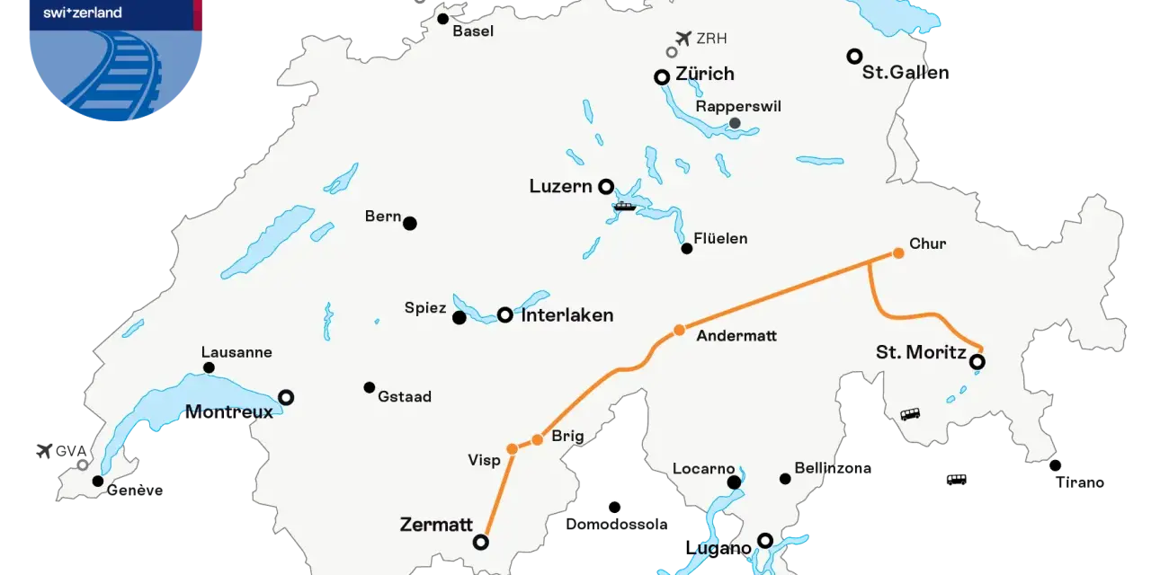 Map showing the Grand Train Tour of Switzerland. The route from Zermatt to Lugano is highlighted in orange, passing through Visp, Brig, Andermatt, and Locarno.