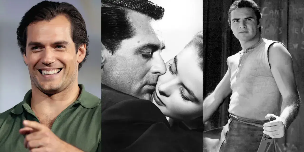 Uśmiechnięty Henry Cavill obok klasycznych scen filmowych.