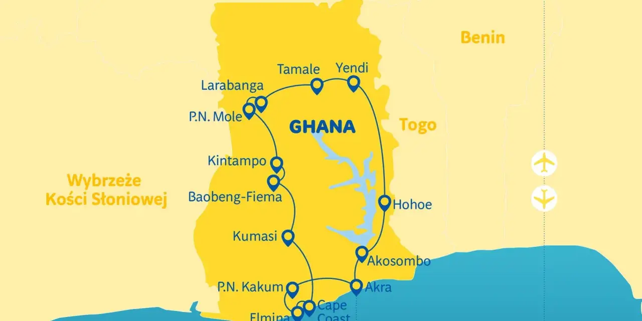 Mapa turystyczna **Ghana Afryka** z zaznaczonymi miastami: Akra, Kumasi, Tamale, wybrzeże Kości Słoniowej. Trasa obejmuje parki narodowe i historyczne miejsca.