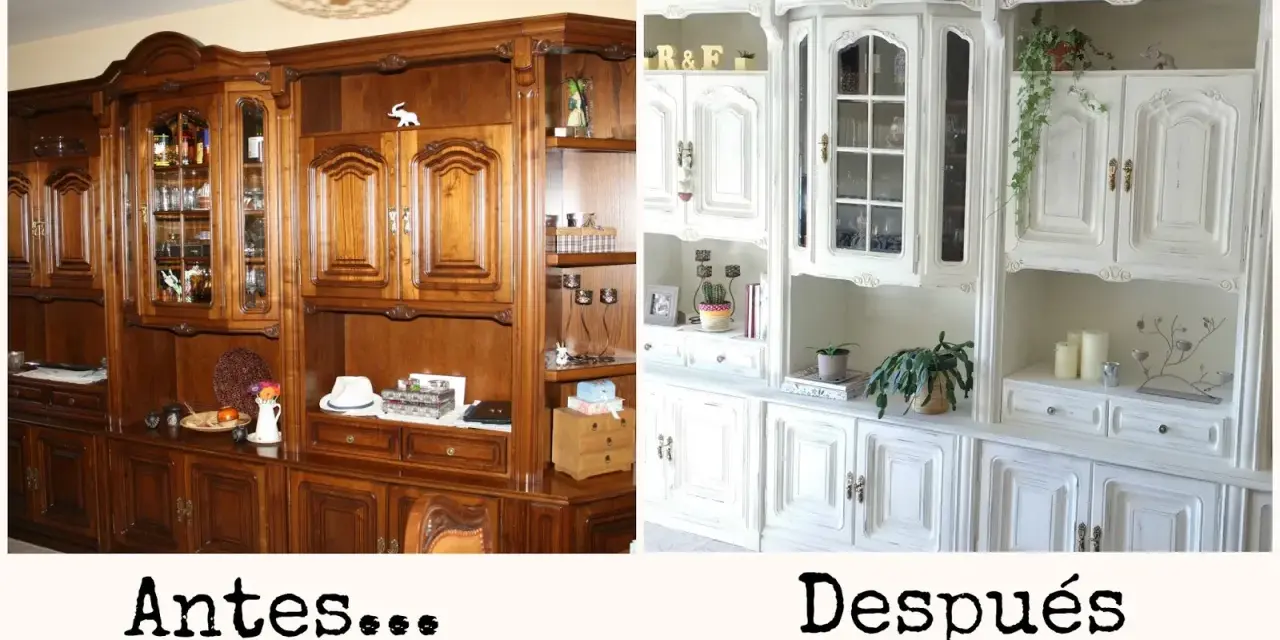 Mueble de madera oscuro transformado a blanco, mostrando cómo decorar muebles con papel decoupage para un estilo renovado y luminoso.