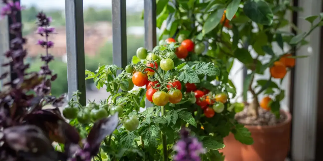 Un rigoglioso orto in terrazzo con pomodorini maturi e verdi, basilico viola e un piccolo albero di agrumi.