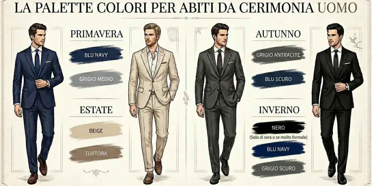 Uomo elegante in abito blu scuro, ideale per un matrimonio. La palette colori suggerisce tonalità per ogni stagione.