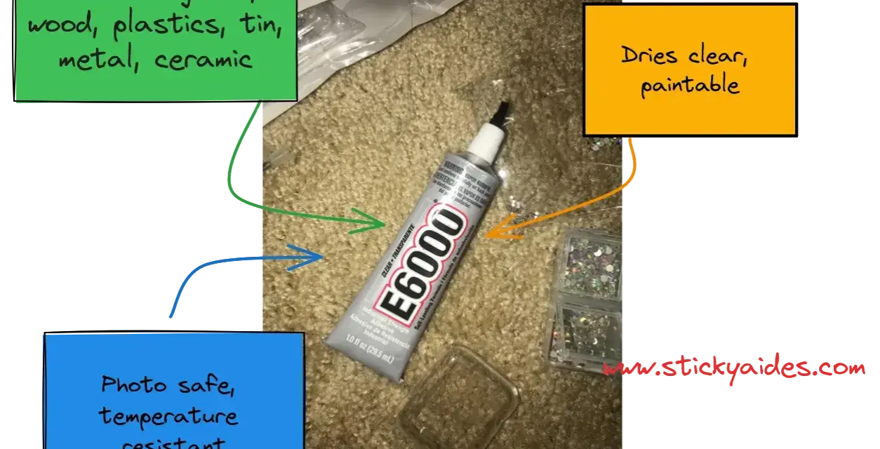 E6000 glue tube shown with notes about its uses. Does E6000 work on silicone? This adhesive bonds to many materials, dries clear, and is paintable.