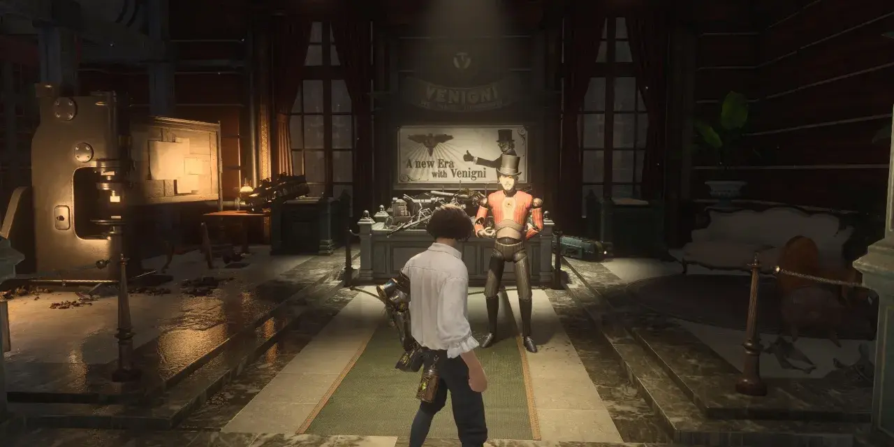 Sophia, en Lies of P, se encuentra con un autómata en un taller.