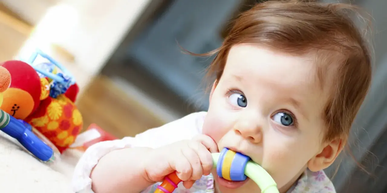 Bébé curieux mordillant un jouet coloré, dans le cadre d'un projet d'accueil individualisé pour son développement.