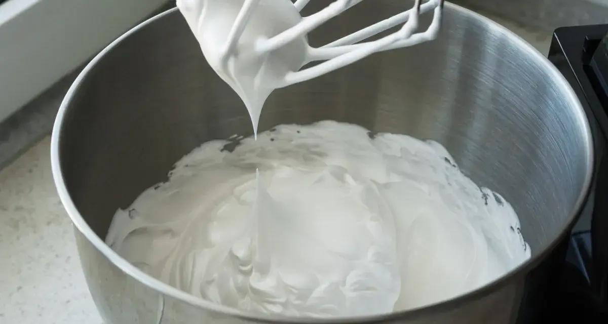 Ubita śmietana z mascarpone, puszysta i lśniąca, spływa z mieszadła miksera do metalowej misy.