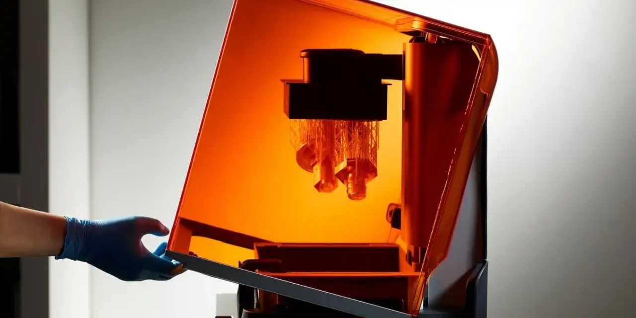 A gloved hand opens the orange lid of a stereolithography 3D printing machine, revealing intricate parts being built layer by layer.