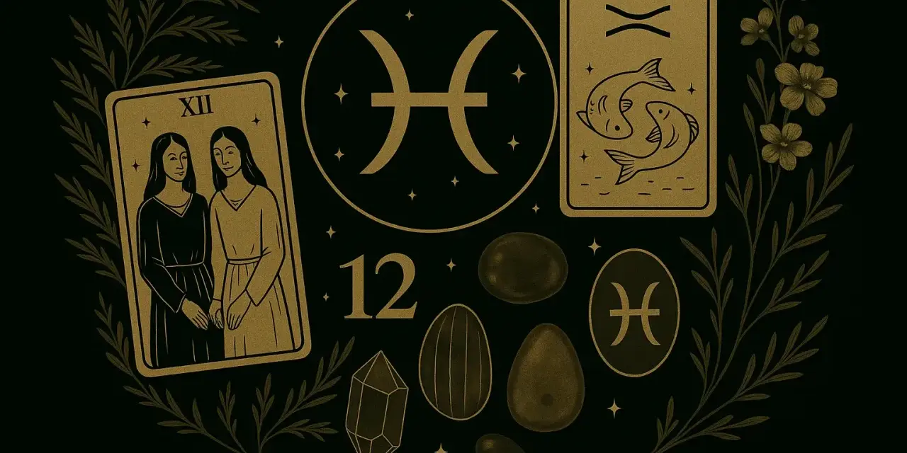 Ryby, jaki żywioł? Symbol zodiaku, karty tarota i kamienie szlachetne tworzą mistyczną kompozycję.