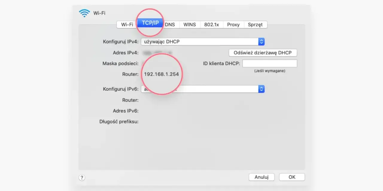 Konfiguracja sieci TCP/IP, gdzie adres routera to 192.168.1.254.