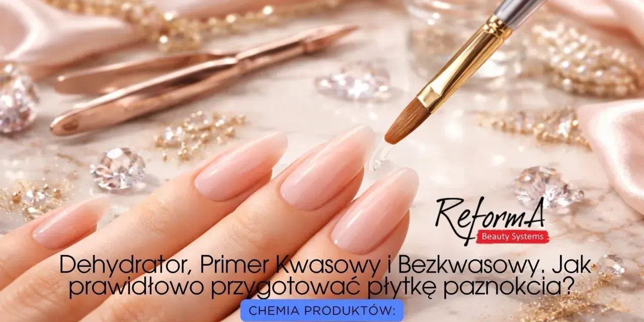 Dłonie z idealnym manicure, pędzelek z produktem. Dowiedz się, kiedy wybrać primer kwasowy czy bezkwasowy do paznokci.