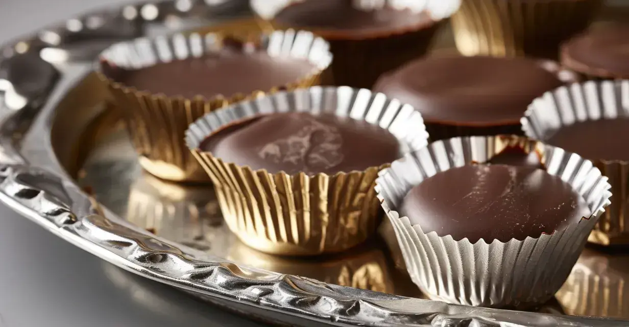 Chokladpraliner i guldfärgade formar på ett silverfat. Perfekt för ett enkelt ischoklad recept.