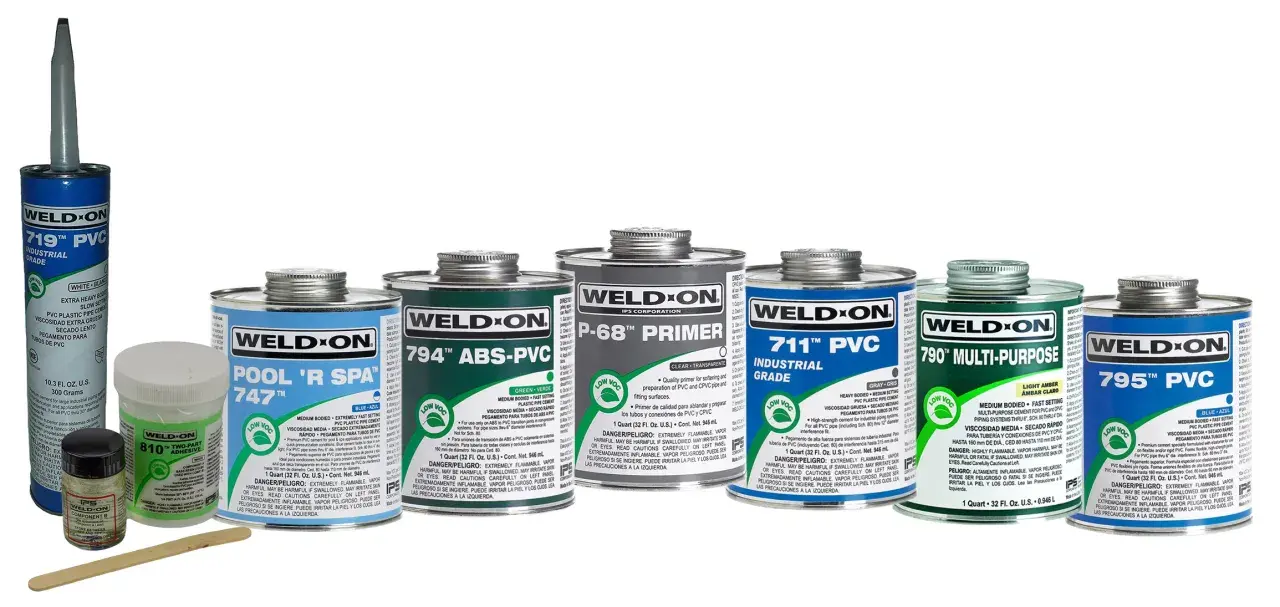 A collection of Weld-On PVC cements and primers, including a tube of 719™ PVC Industrial Grade, cans of Pool 'R Spa 747™, 794™ ABS-PVC, P-68™ Primer, 711™ PVC Industrial Grade, 790™ Multi-Purpose, and 795™ PVC.