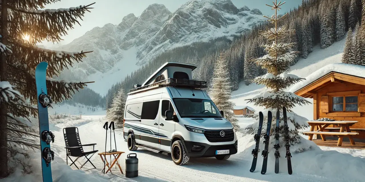 Gotowy na przygodę! Kamperem na narty, z deską snowboardową i nartami czekającymi na śnieżne stoki. Góry i lasy w tle zapraszają.