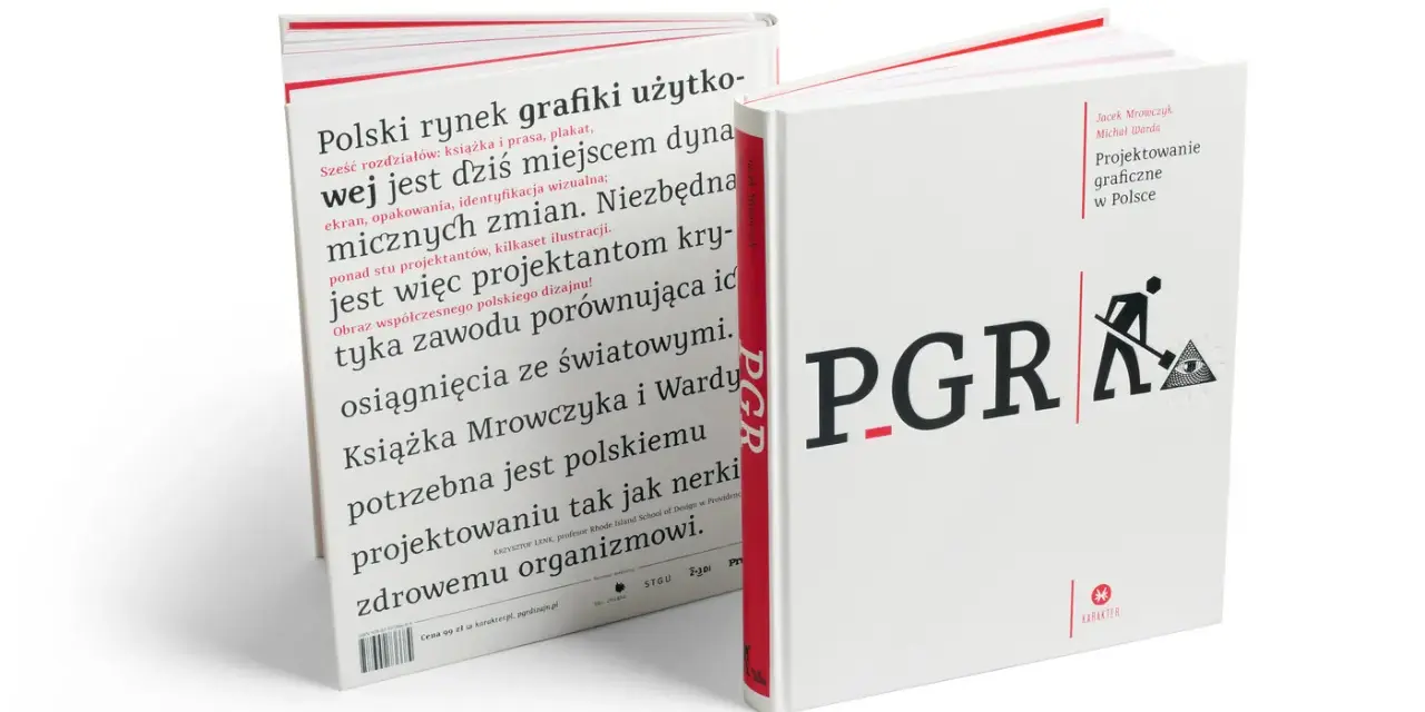 Dwie białe książki o projektowaniu graficznym. Jedna z nich opisuje polski rynek grafiki użytkowej, druga nosi tytuł "Projektowanie graficzne w Polsce".
