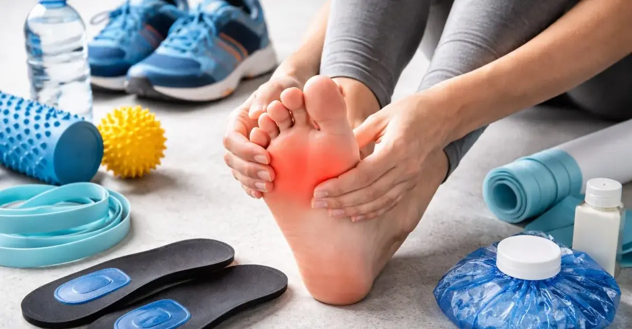 Mani che massaggiano un piede dolente, circondate da attrezzature per la cura dei piedi: scarpe, solette, rulli, palline massaggianti, elastici e impacchi freddi.