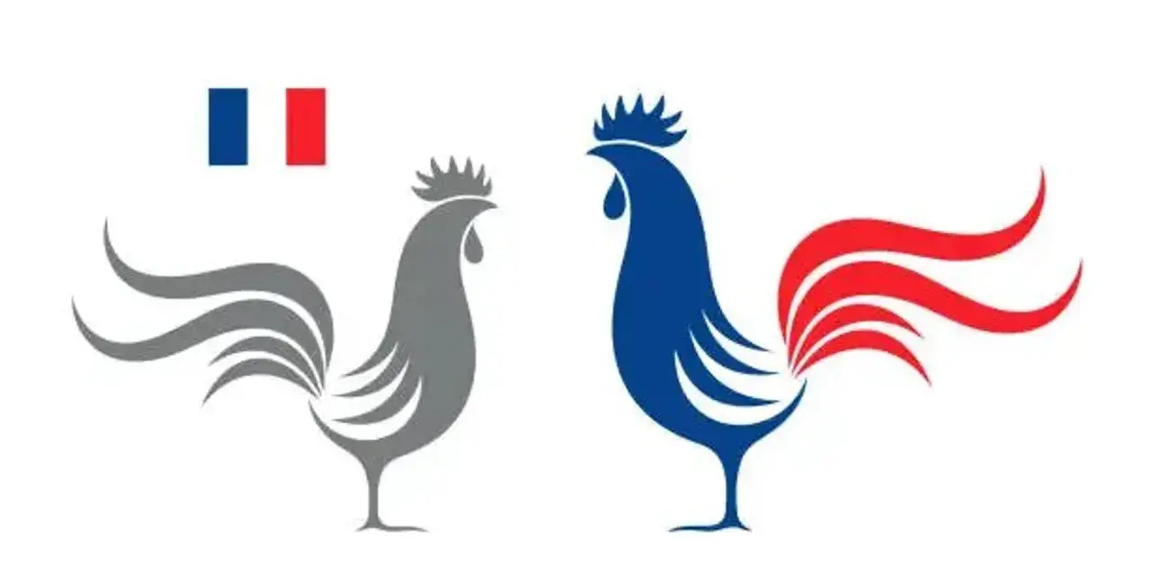 Dos gallos estilizados, uno gris y otro azul con cola roja, junto a la bandera francesa. El gallo es el animal nacional de Francia.