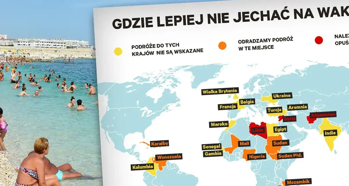 Mapa świata z zaznaczonymi krajami, do których odradza się podróże. Idealna do planowania fajnych miejsc na wakacje za granicą, ale z uwagą na te oznaczone na czerwono.
