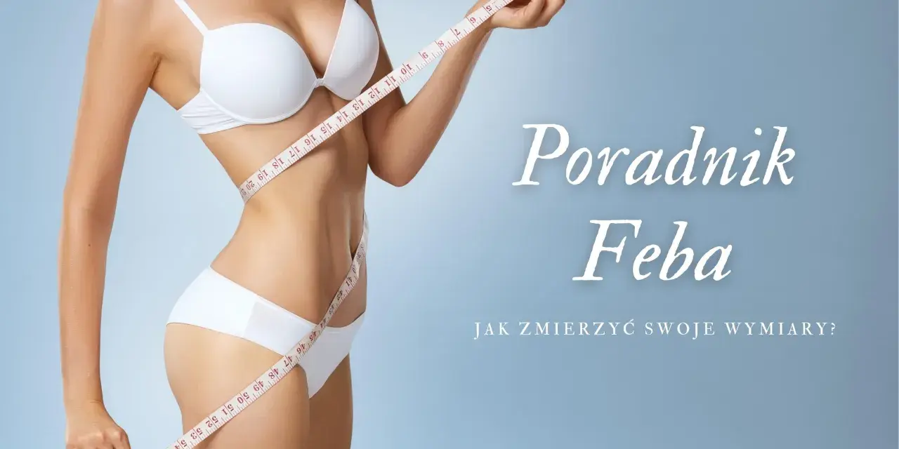 Kobieta w białej bieliźnie mierzy talię centymetrem. Wskazanie 46 cm sugeruje idealny rozmiar. Poradnik Feba.