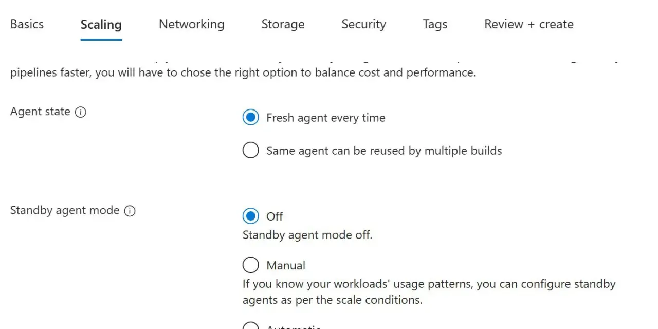 Einstellungen für den Azure DevOps Agent: Agent-Zustand (frisch oder wiederverwendbar) und Standby-Modus (aus, manuell, automatisch).