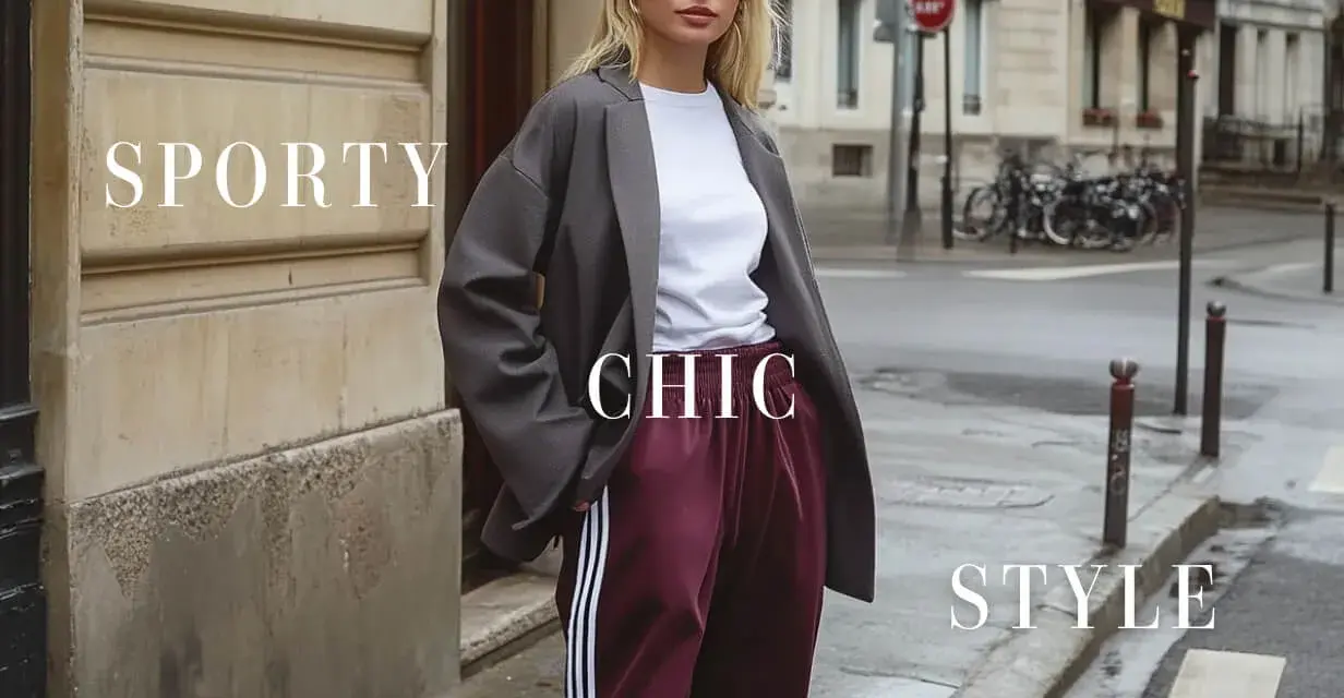 Modella con un outfit vestito con sneakers, blazer grigio, t-shirt bianca e pantaloni bordeaux a righe. Stile sporty chic.