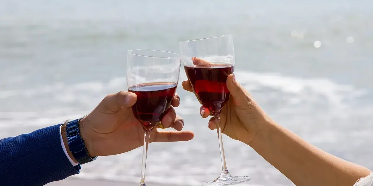 Dwie ręce unoszą kieliszki z czerwonym winem na tle morza. Idealne drinki z winem na romantyczny wieczór.