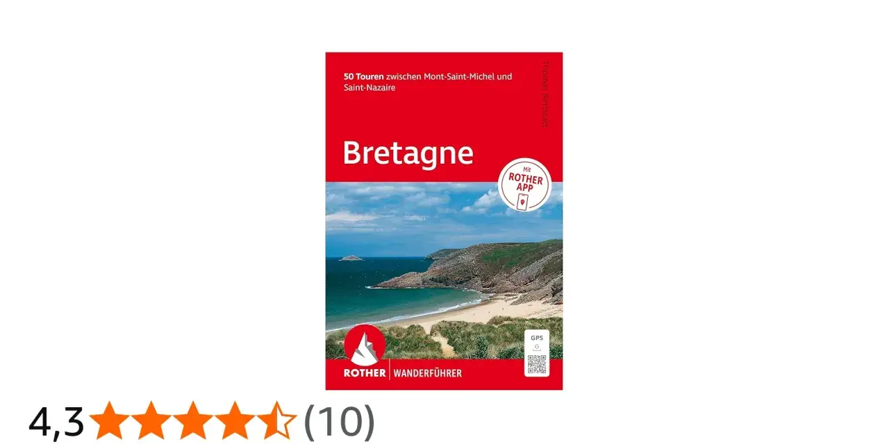 Buchcover: Bretagne. 50 Touren für Ihr nächstes Wandern in der Bretagne, mit Rother App. Küstenlandschaft mit Strand und Meer.