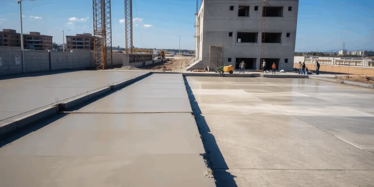 Plac budowy z wylewanym betonem na fundamenty. Widać budynek w stanie surowym, dźwigi i pracowników. Jaki beton na fundament b20 czy b25?